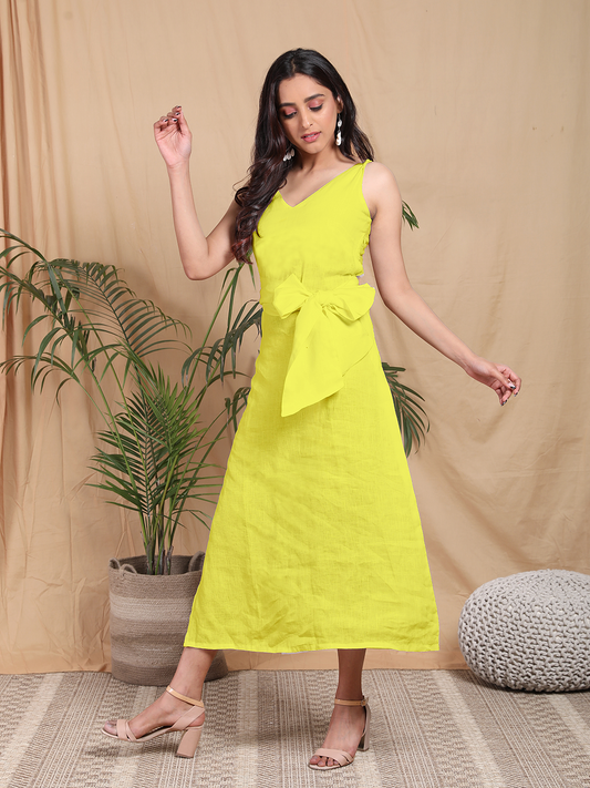 Pure Linen Yellow Midi Dress