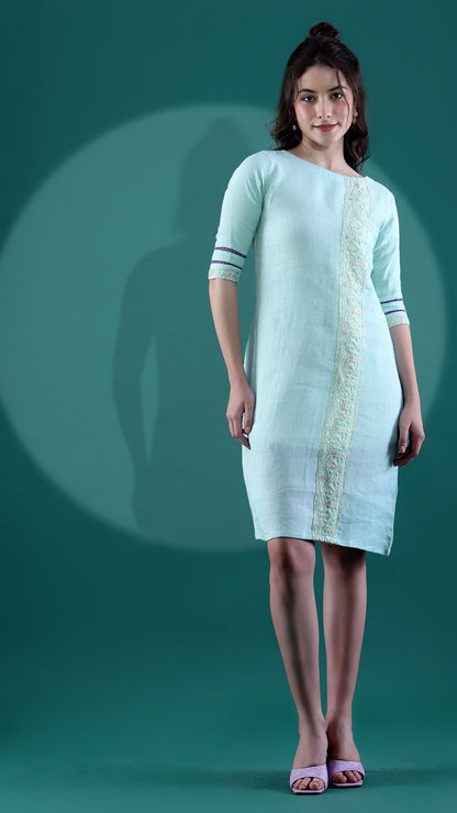 Mint Green Linen Dress with Chikankari Border