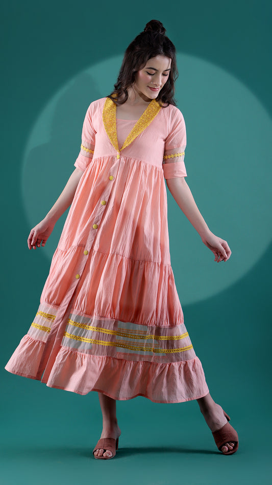 Glamorous Peach and Mustard Ethnic Dress