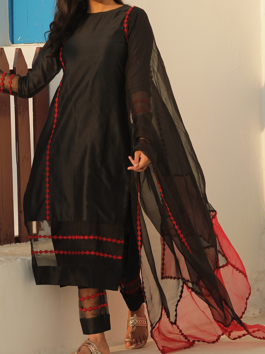 Red and Black Pure Silk Organza Dupatta with Embroidered Lace