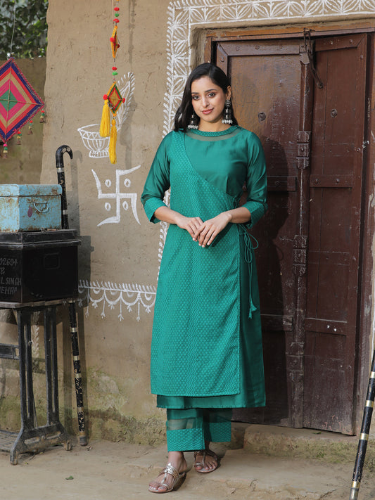 Green Silk Angrakha Kurta