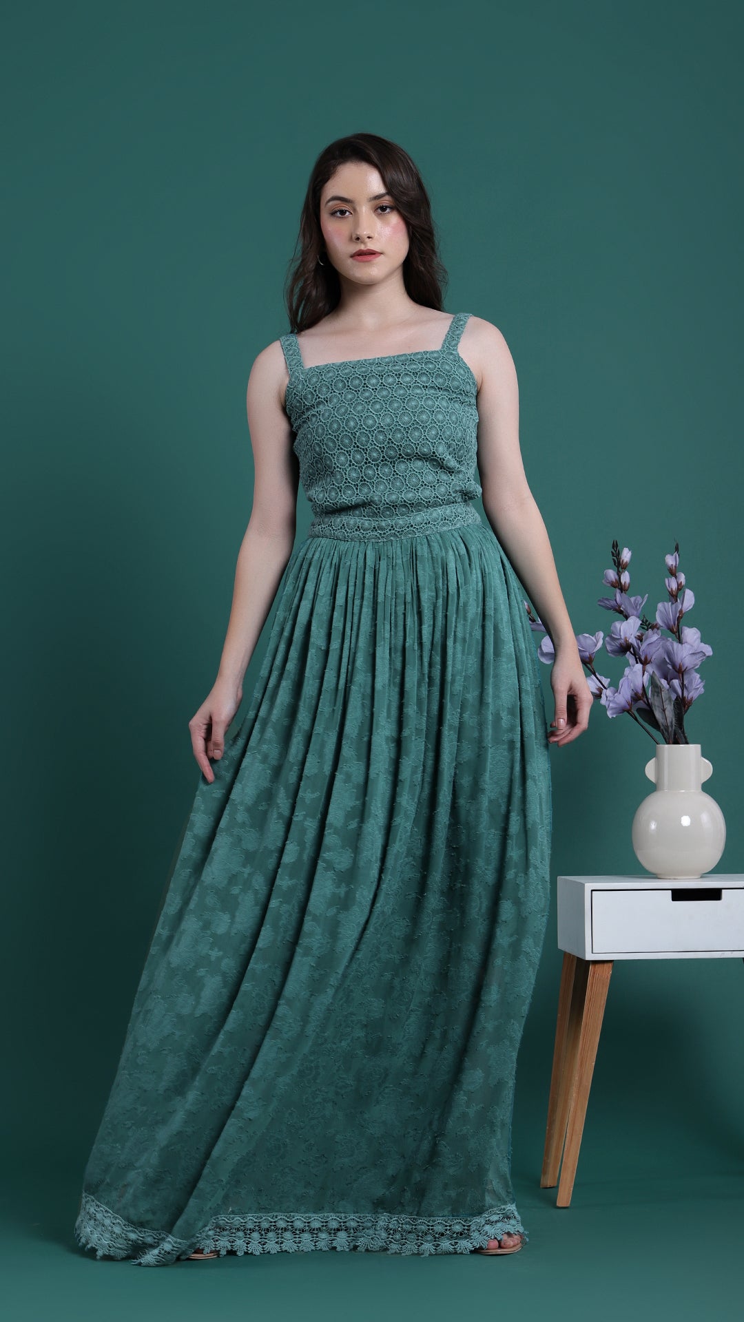 Teal Green Strapped Long Dress