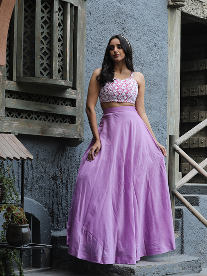 Lilac Embroidered Lace Ethnic Three-Piece Set