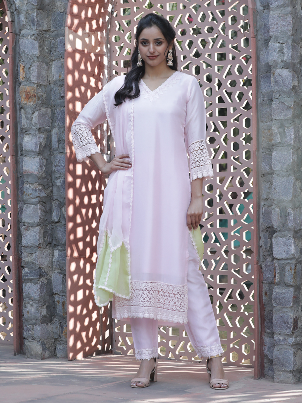 Pink Embroidered Lace Suit (Set of 3)