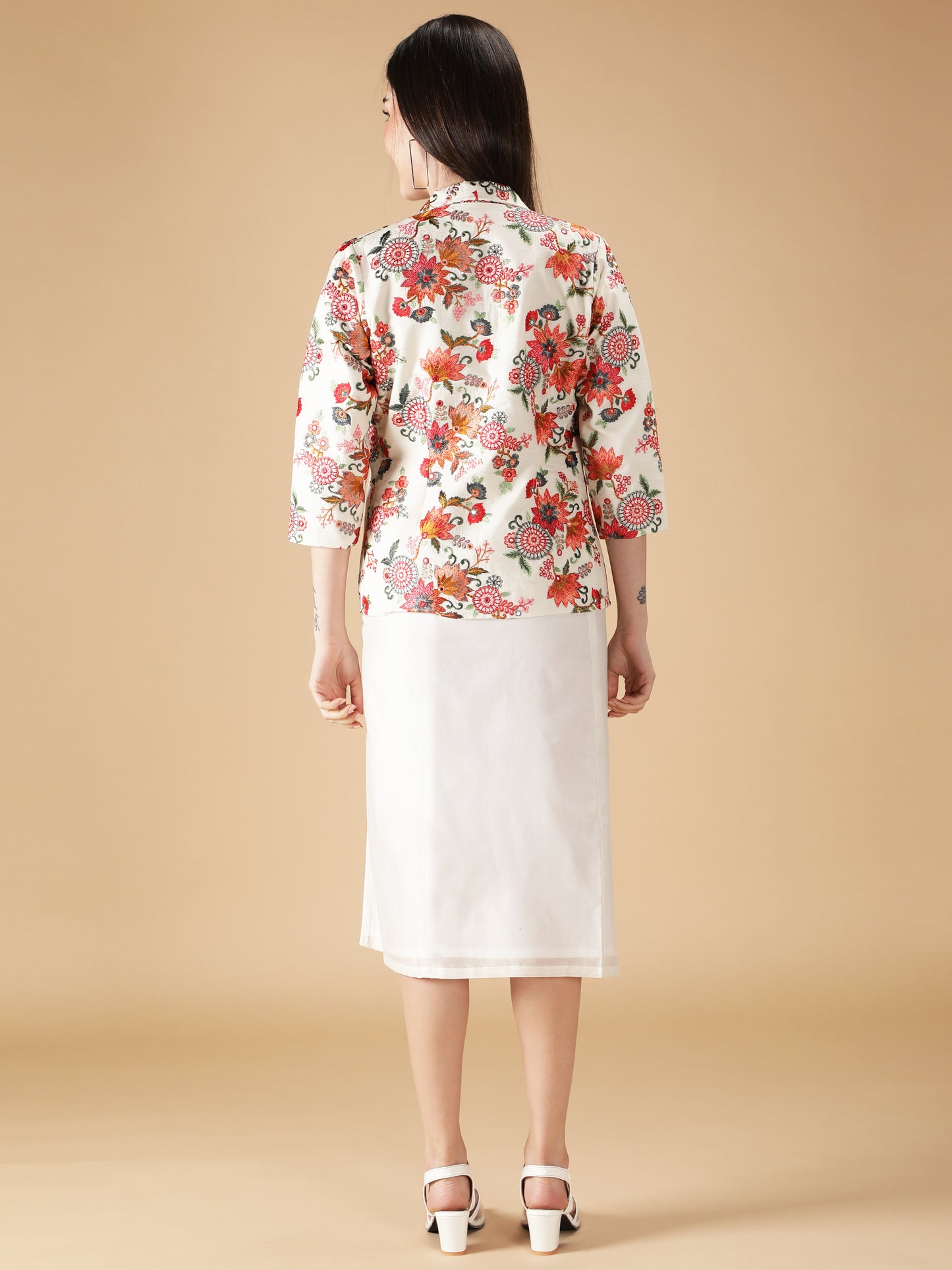Floral Embroidered Jacket & Top with Skirt (Set of 3)