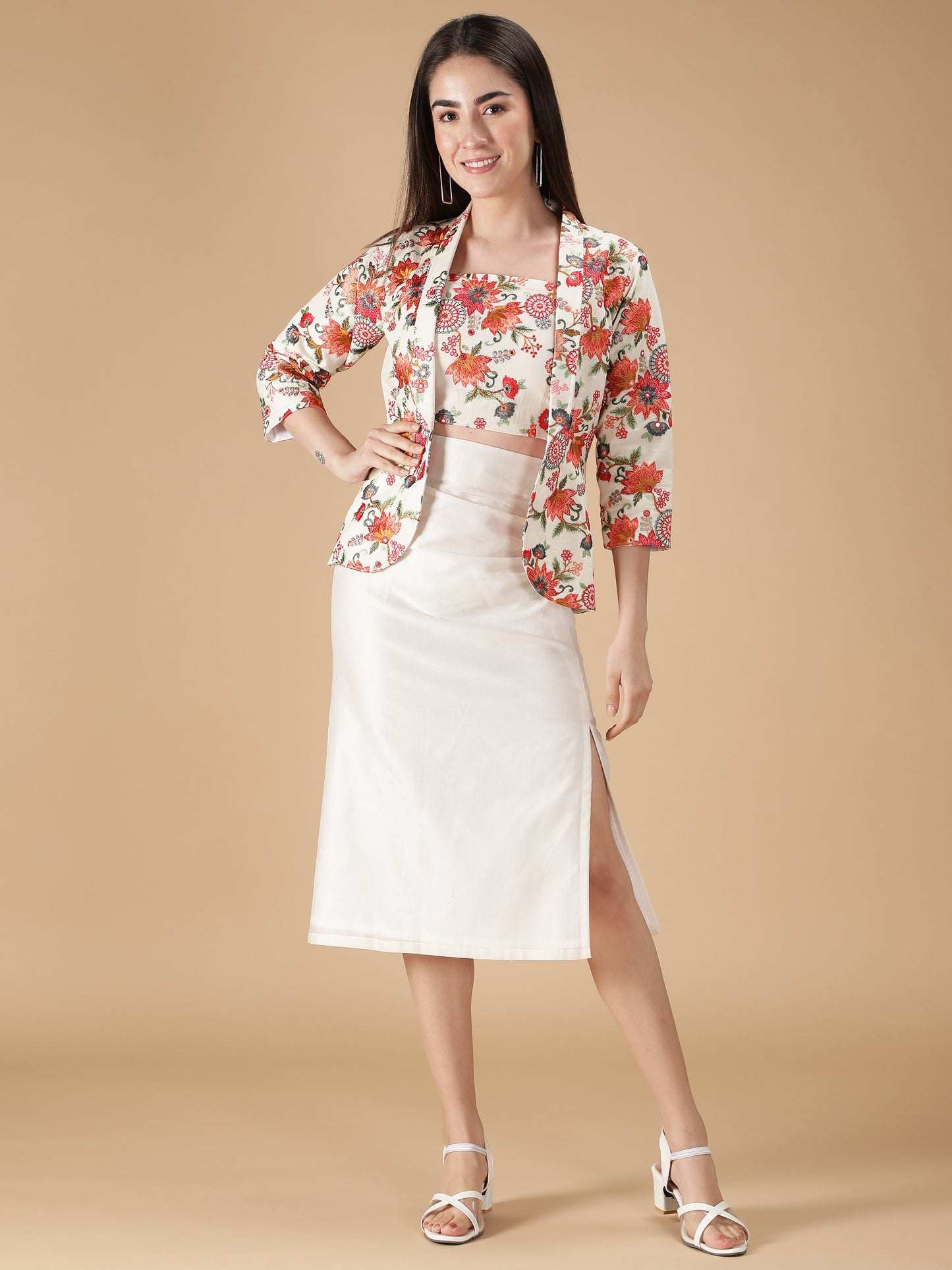 Floral Embroidered Jacket & Top with Skirt (Set of 3)