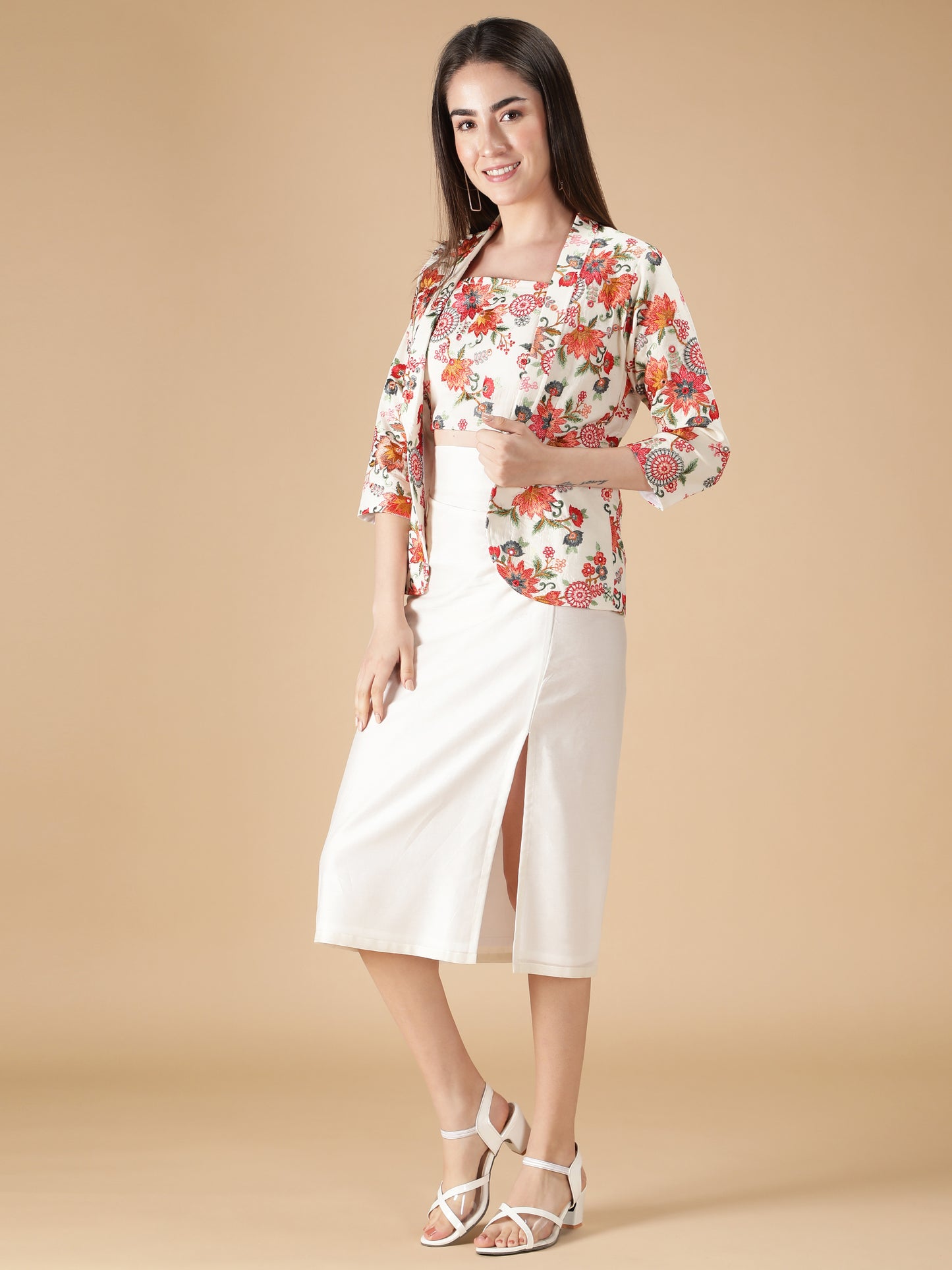 Floral Embroidered Jacket & Top with Skirt (Set of 3)