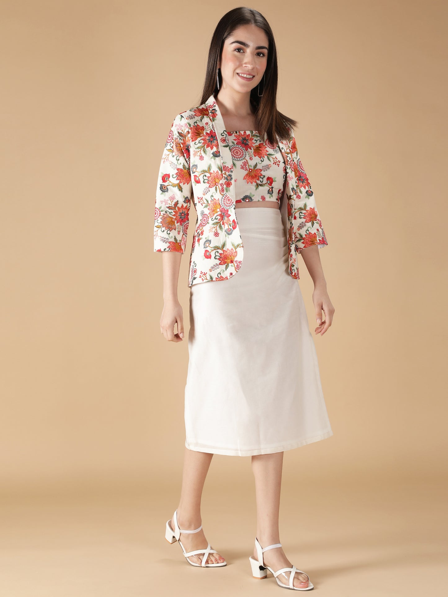 Floral Embroidered Jacket & Top with Skirt (Set of 3)