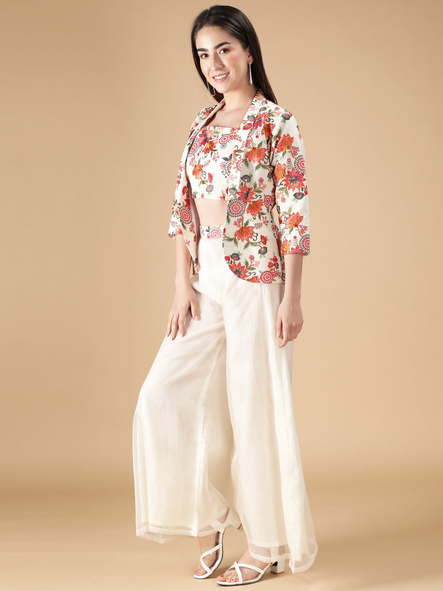 Heavy Embroidered Floral Top and Jacket with Palazzo