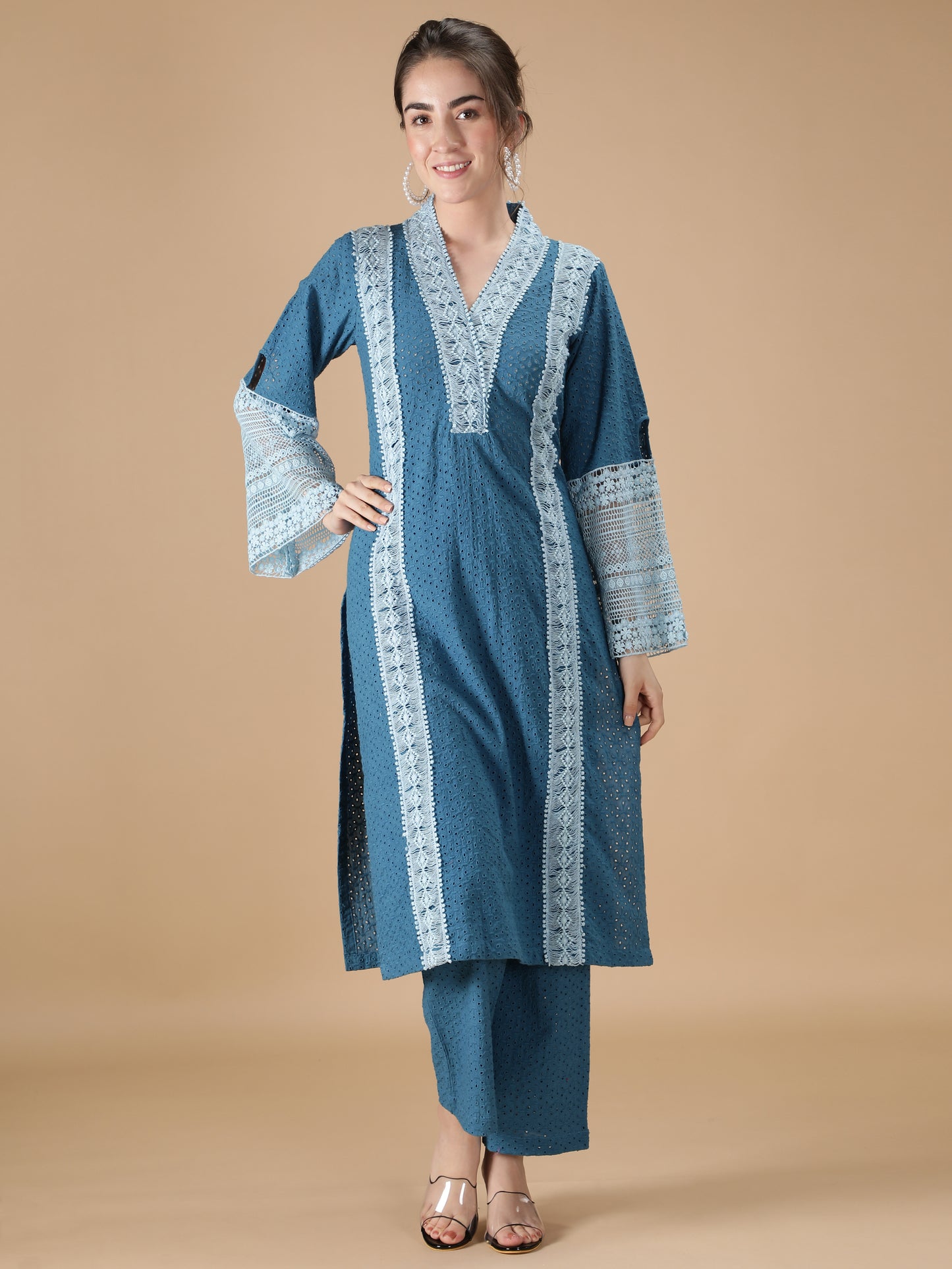 Blue Lace Embroidered Kurta and Pant (with Inner)