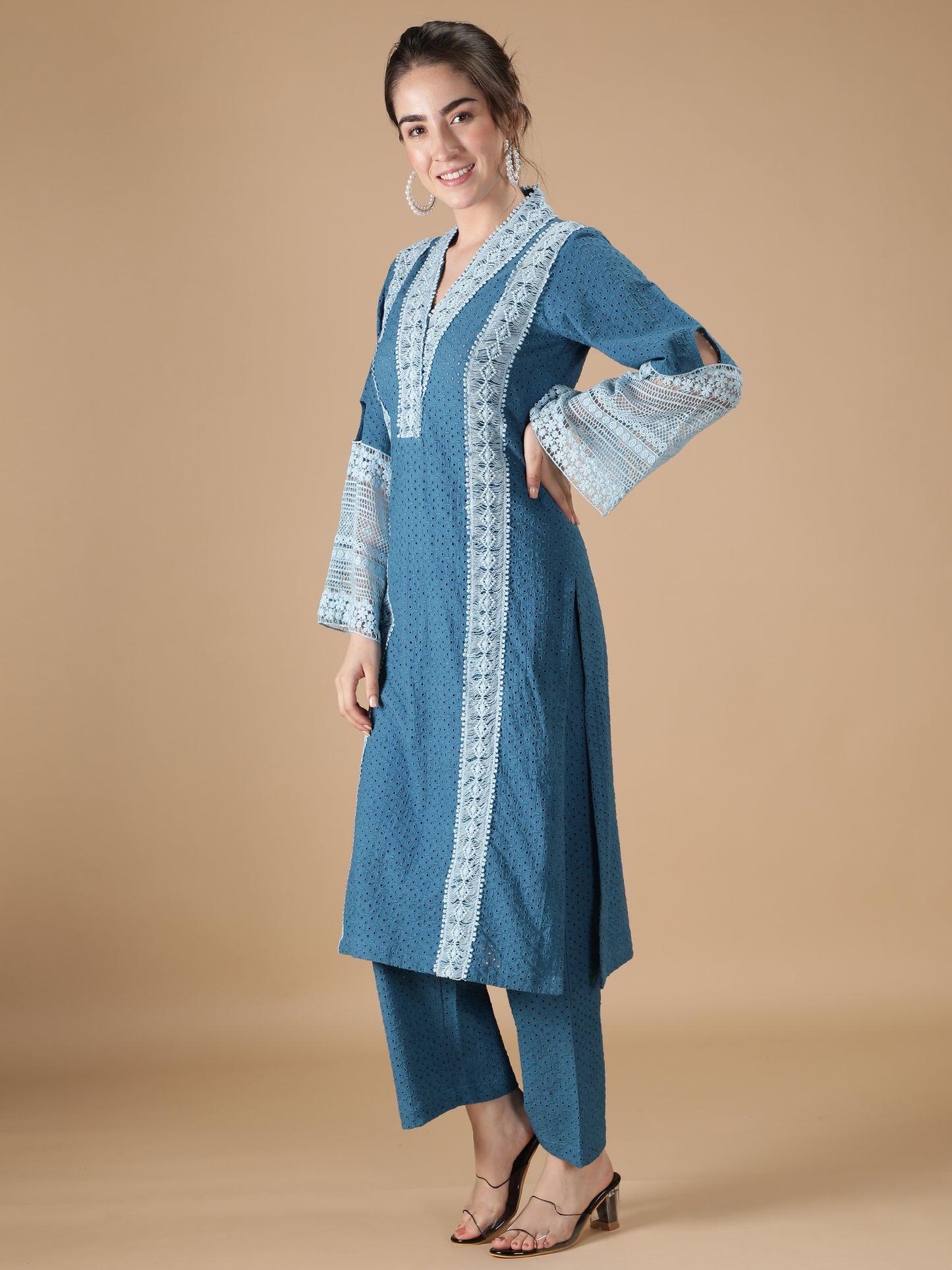 Blue Lace Embroidered Suit Set (Set of 3)