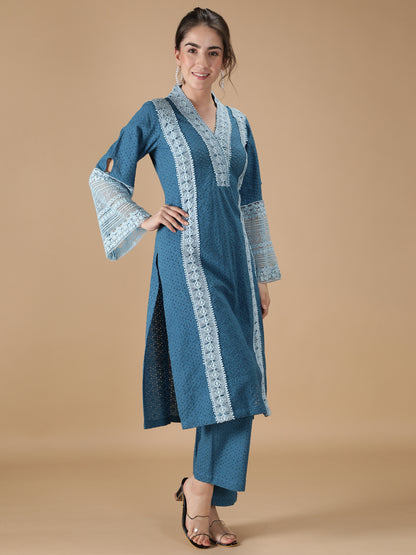 Blue Lace Embroidered Kurta and Pant (with Inner)