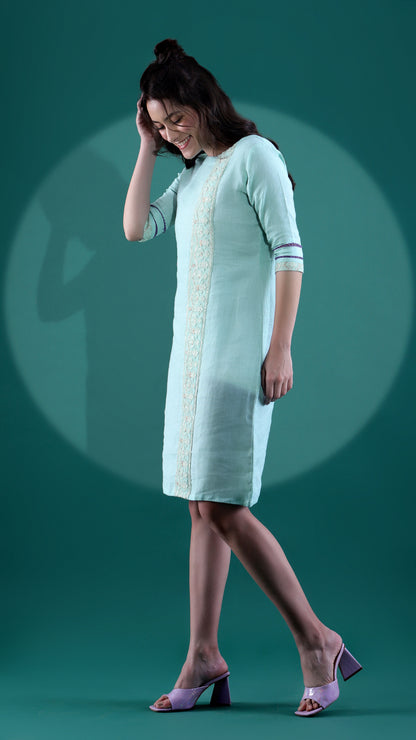 Mint Green Linen Dress with Chikankari Border