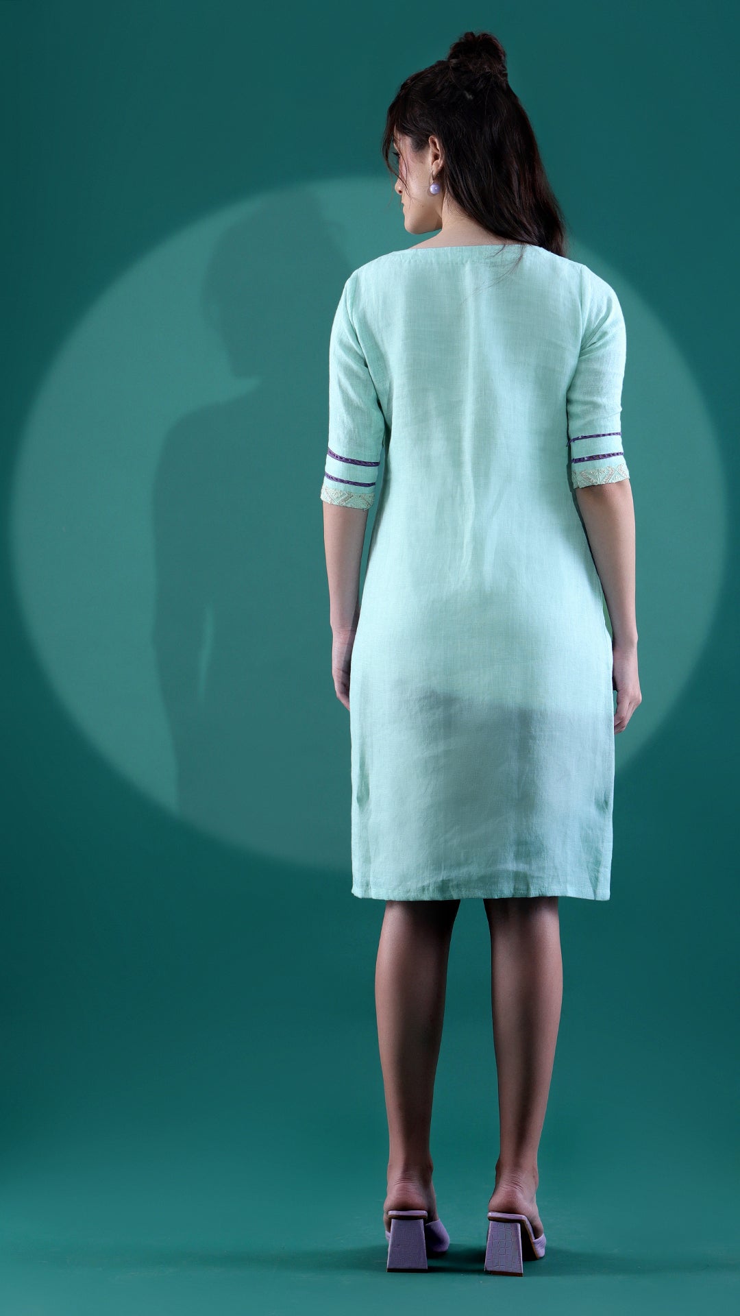 Mint Green Linen Dress with Chikankari Border