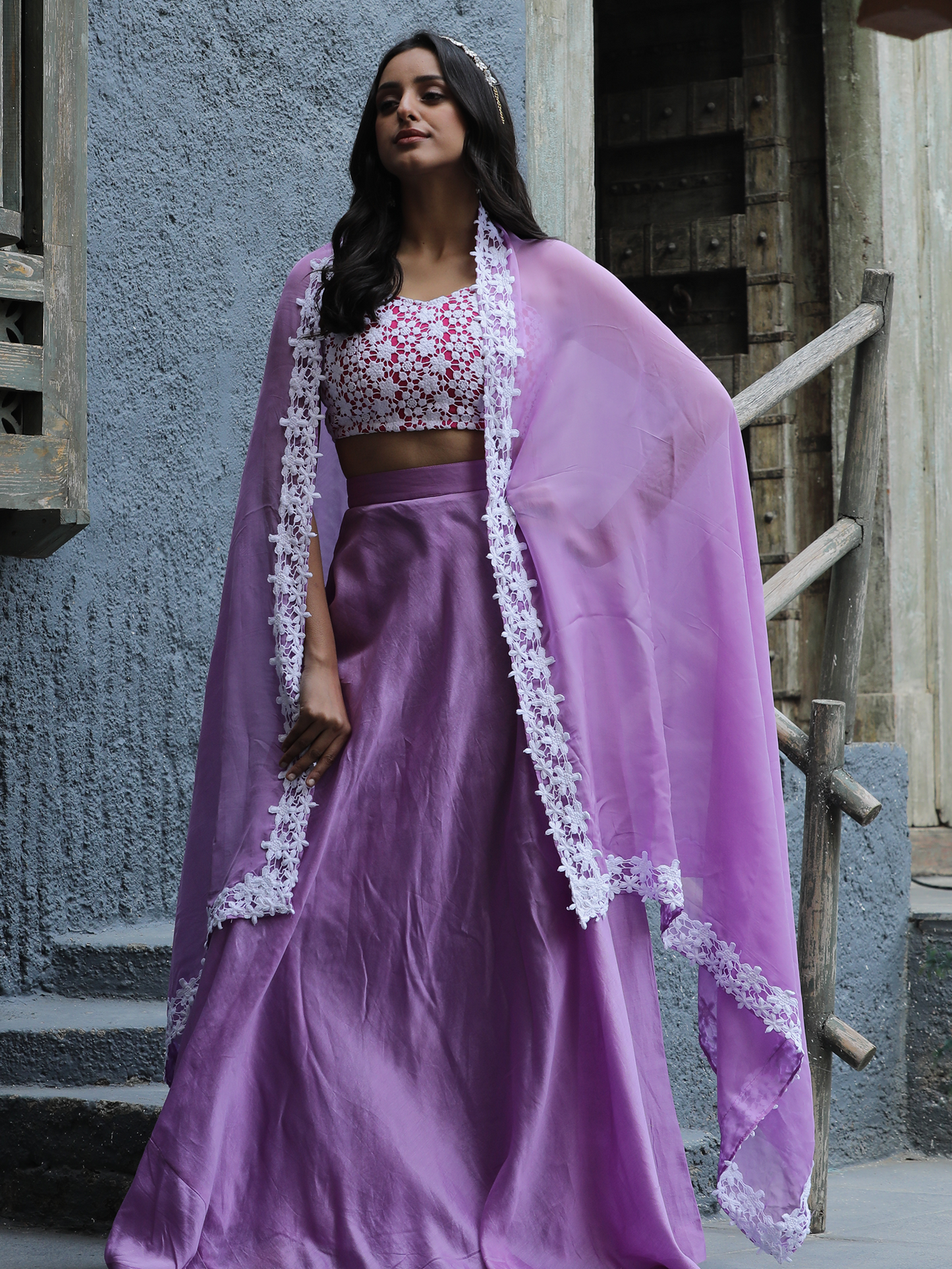 Lilac Organza Dupatta with Embroidered Lace