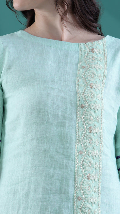 Mint Green Linen Dress with Chikankari Border