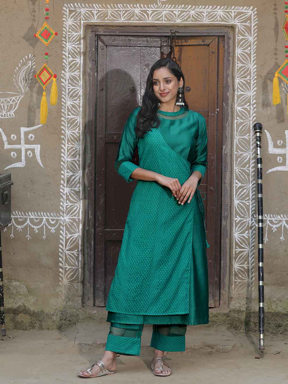 Elegant Green Silk Angrakha Kurta Set (Set of 2)