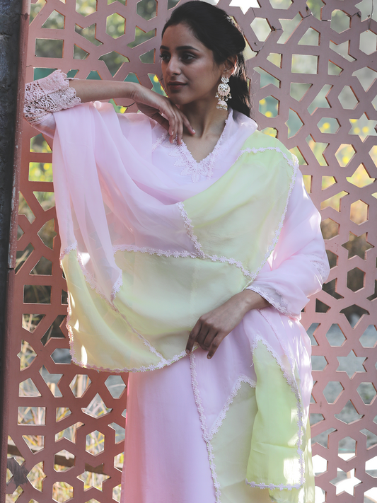 Pink and Green Organza Dupatta with Embroidered Lace