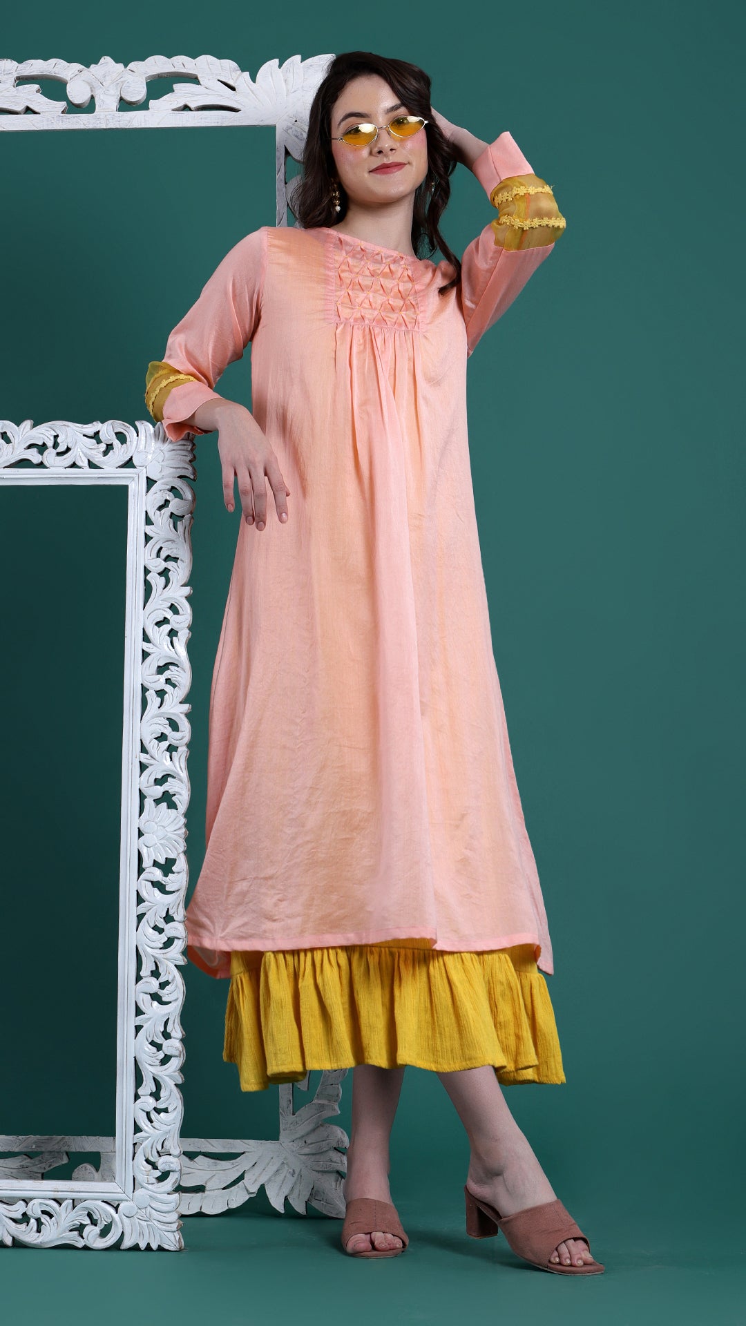 Bright Peach and Yellow Ethnic Dress