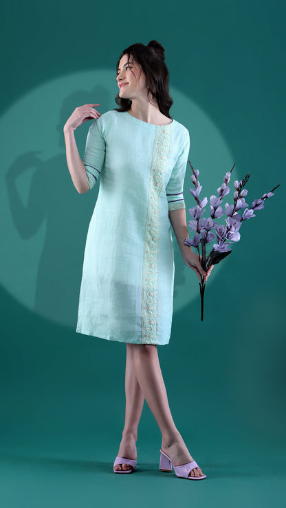 Mint Green Linen Dress with Chikankari Border