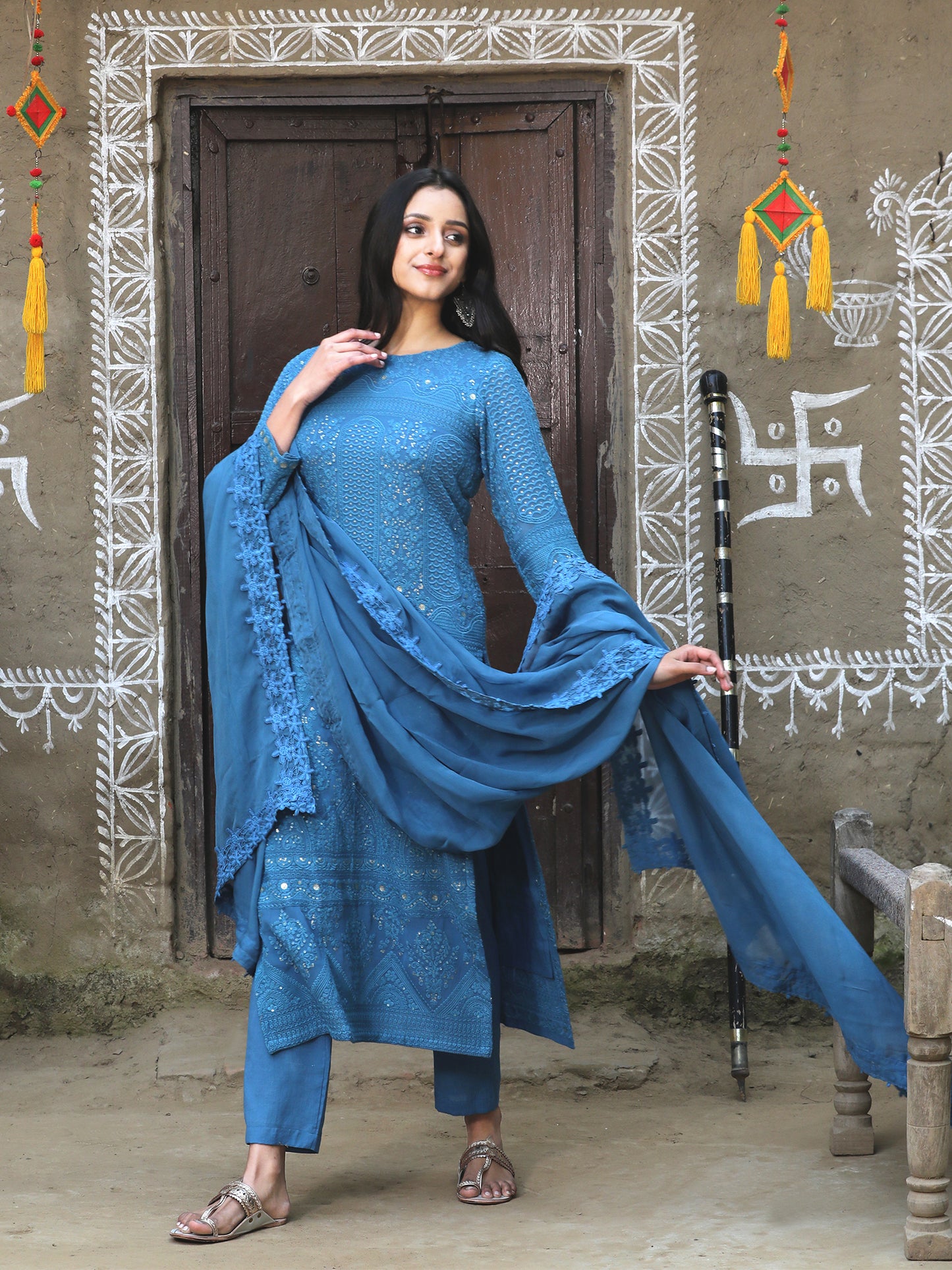 Blueberry Chikankari Embroidered Kurta