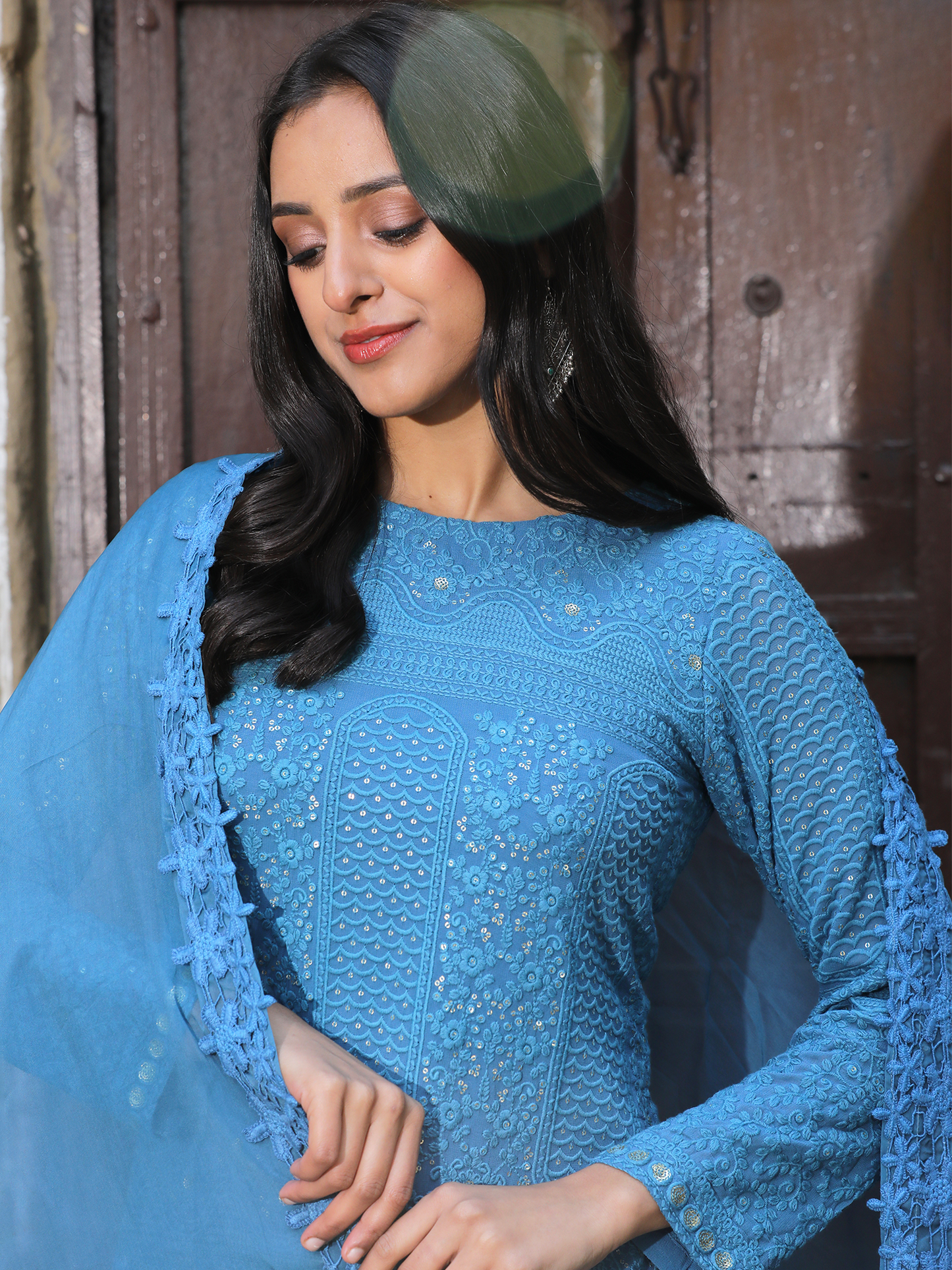 Blue Organza Dupatta with Embroidered Lace