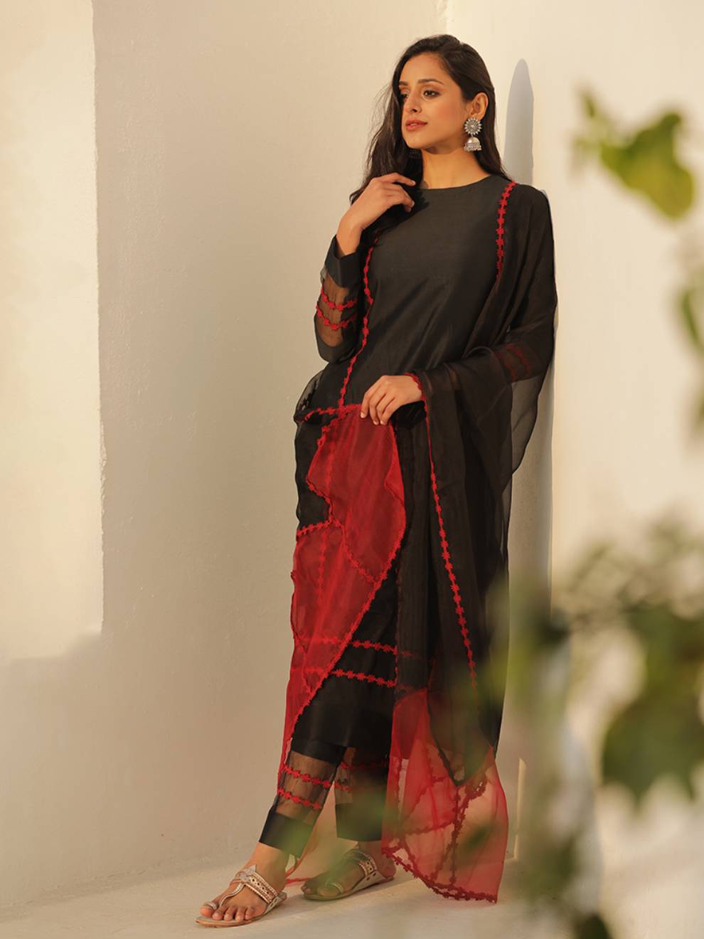 Elegant Black and Red Silk Suit Set with Dupatta
