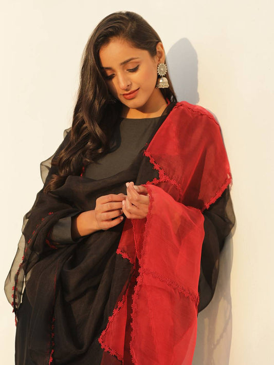 Elegant Black and Red Silk Suit Set with Dupatta