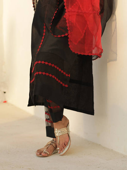 Elegant Black and Red Silk Suit Set with Dupatta (Set of 3)