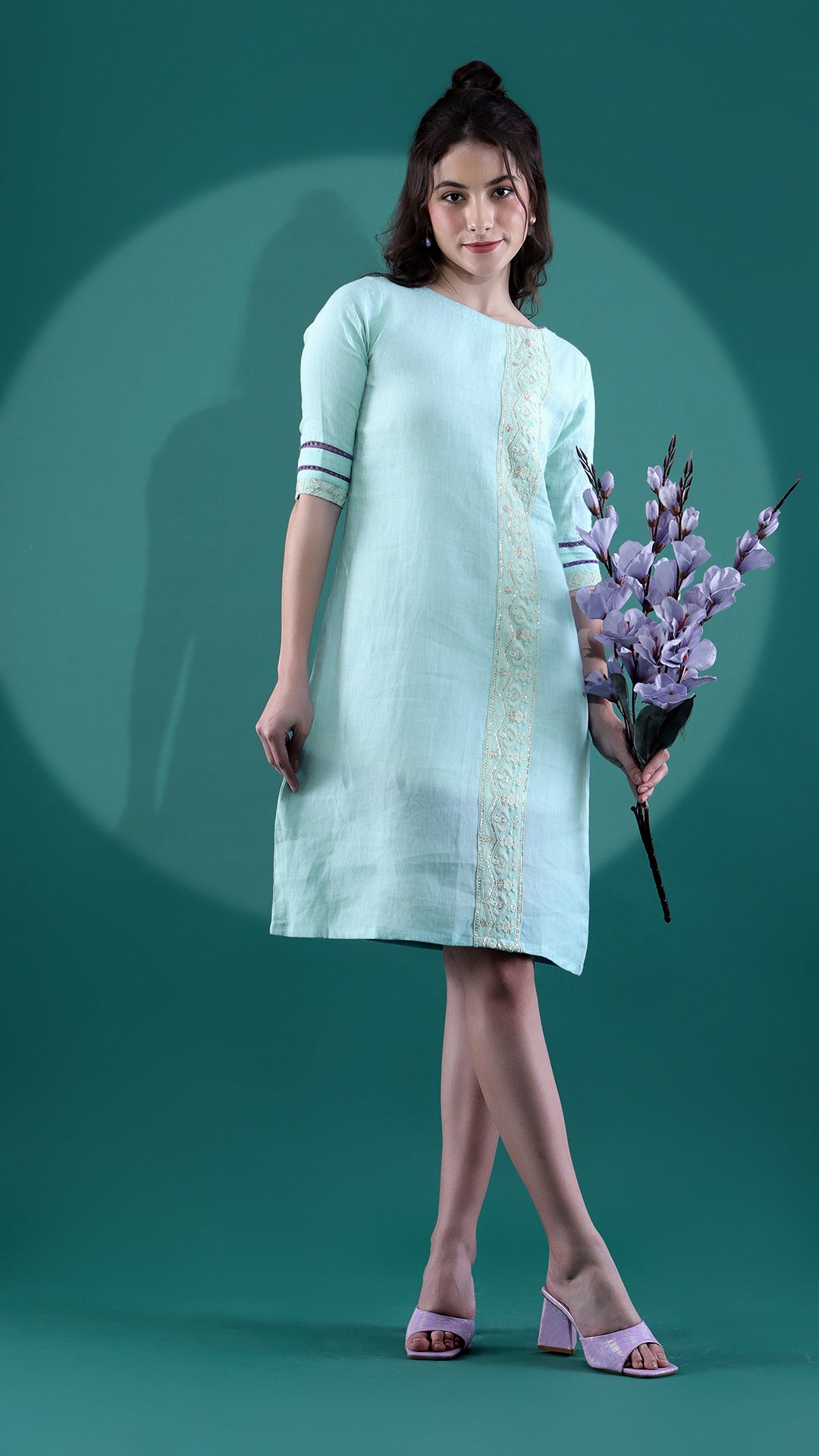 Mint Green Linen Dress with Chikankari Border