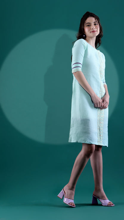 Mint Green Linen Dress with Chikankari Border