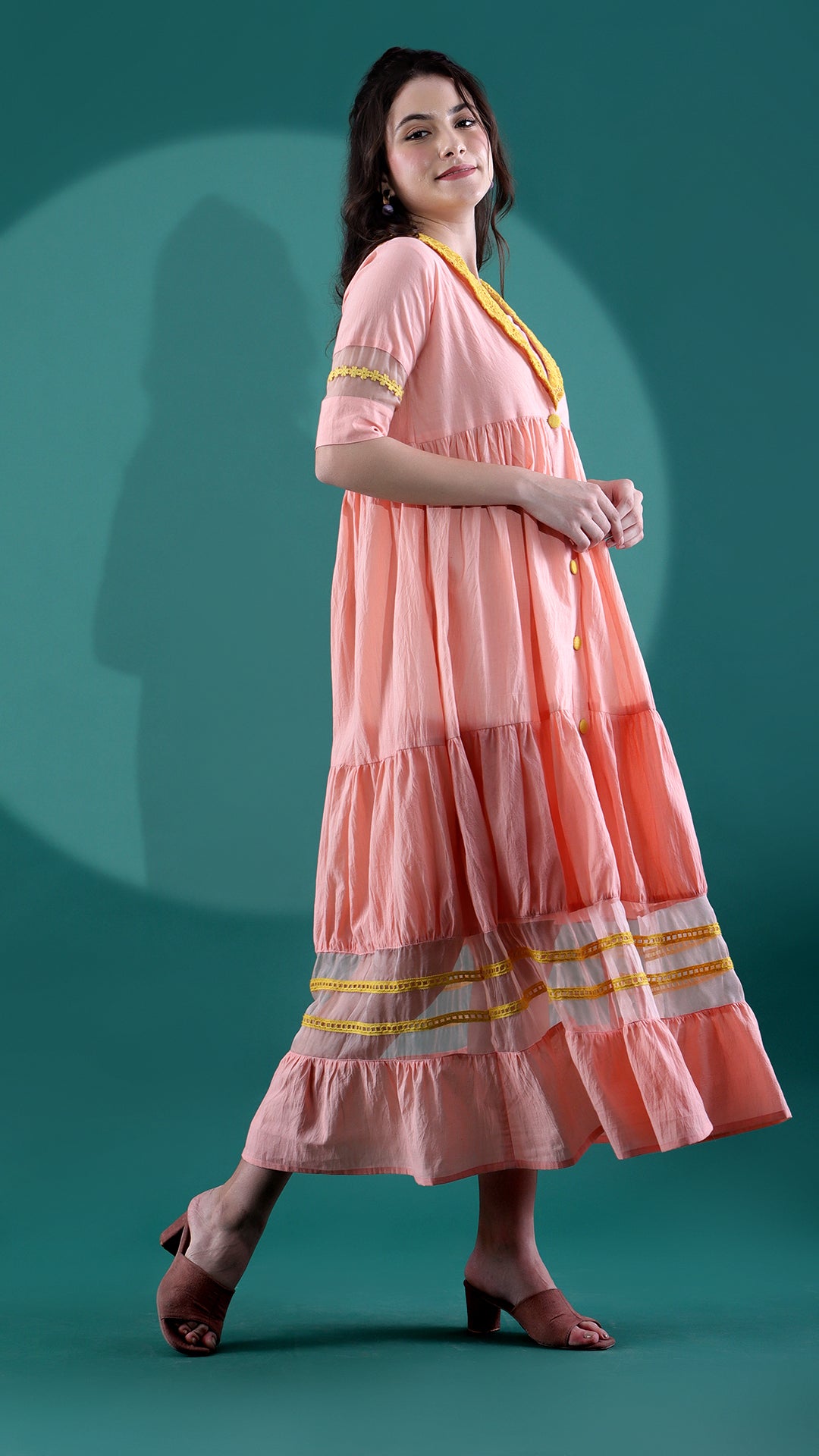 Glamorous Peach and Mustard Ethnic Dress