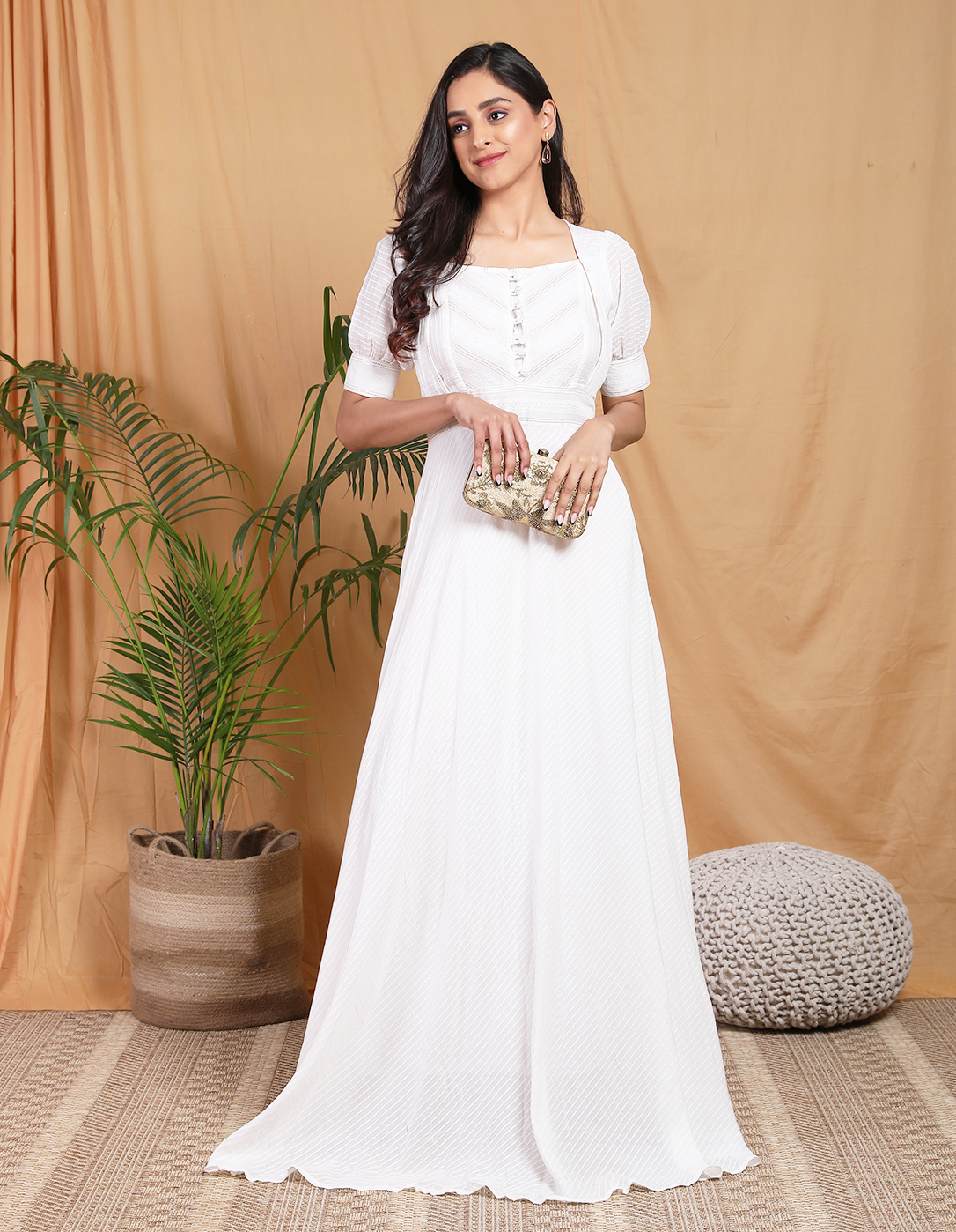 White Anarkali Dress with Puffed Sleeves