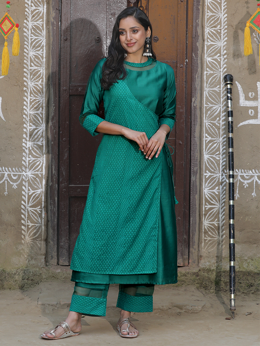 Elegant Green Silk Angrakha Kurta Set (Set of 2)