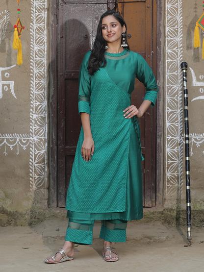 Elegant Green Silk Angrakha Kurta Set (Set of 2)