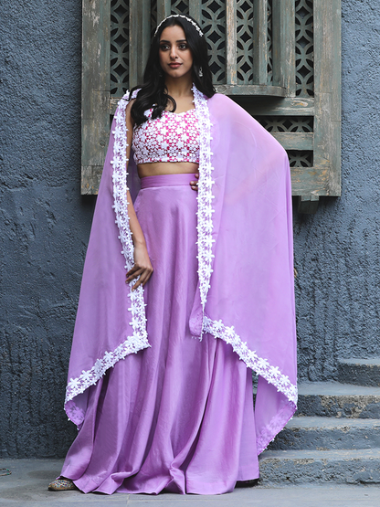 Lilac Embroidered Lace Ethnic Three-Piece Set