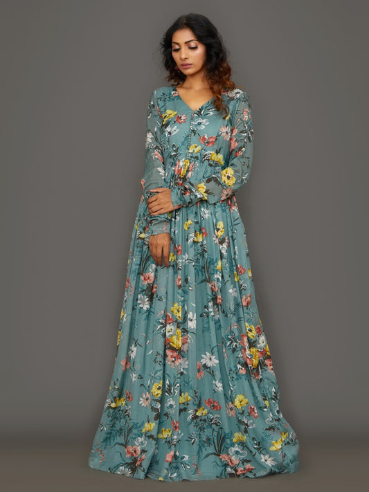Cyan Maiden Cotton Silk Anarkali Dress (Without Dupatta)