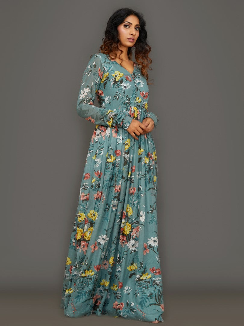 Cyan Maiden Cotton Silk Anarkali Dress (Without Dupatta)